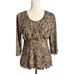 MAJAMAS Maternity Nursing Tunic Blouse Womens Large Brown Paisley 3/4 Sleeve